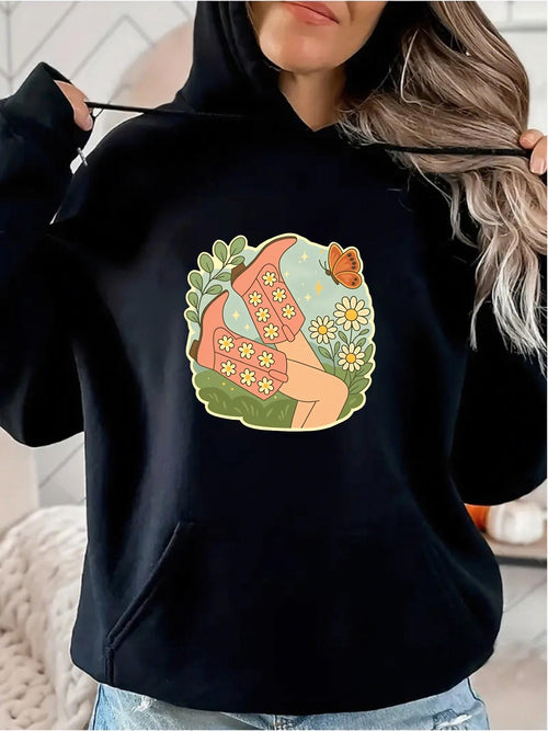 Women's Graphic Hoodie Whimsical Spring Flowers With Retro Boots Among Greenery Butterfly