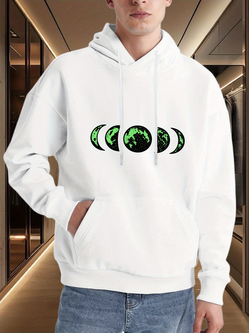 Men's Graphic Hoodie Glowing Green Crescent Phases Under Night Sky Moon