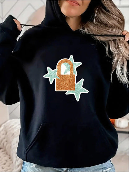 Women's Graphic Hoodie Sparkling Stars With Painted Brown Lock Against Black Sweatshirt