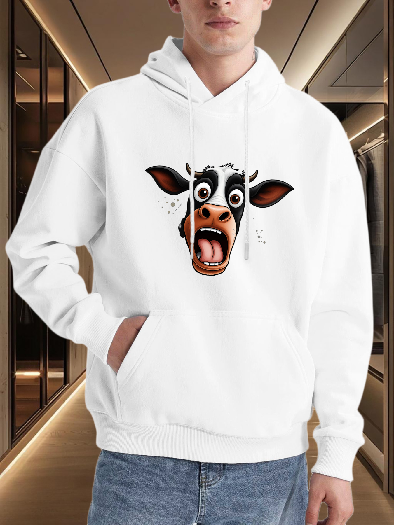 Men's Graphic Hoodie Surprised Cartoon Face With Playful Expression Cow