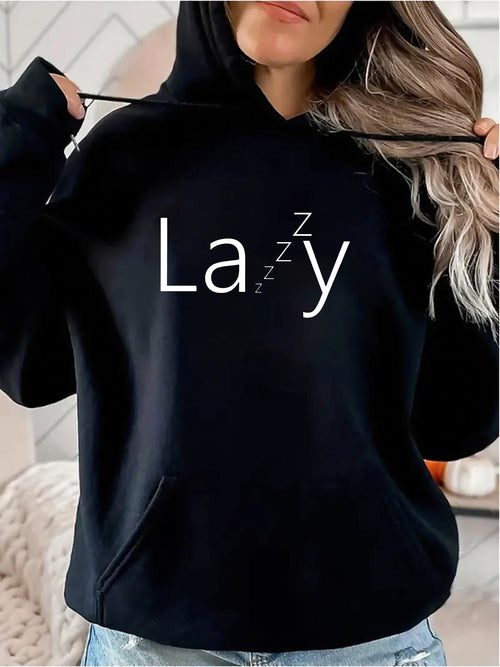 Women's Graphic Hoodie Lazy Typography With Sleeping Z Letters On Black Hoodie