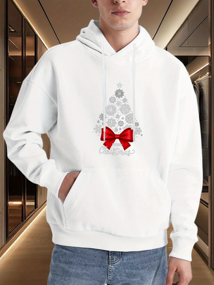 Men's Graphic Hoodie Silver Snowflakes With Bright Red Satin Bow Christmas Tree