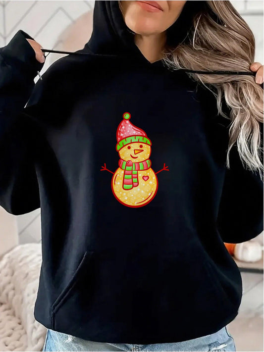Women's Graphic Hoodie Festive Happy Snowman With Red Green Scarf And Knitted Hat Illustration Snowman