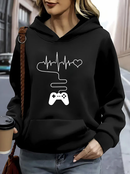 Women's Graphic Hoodie Heartbeat Line And Heart With Gaming Console Controller