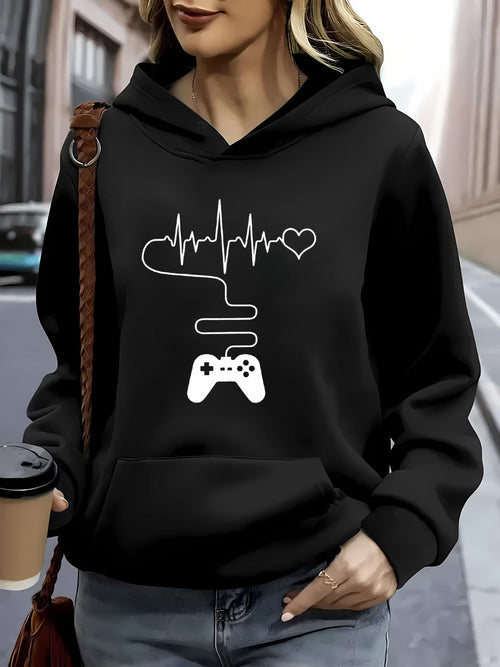 Women's Graphic Hoodie Heartbeat Line And Heart With Gaming Console Controller