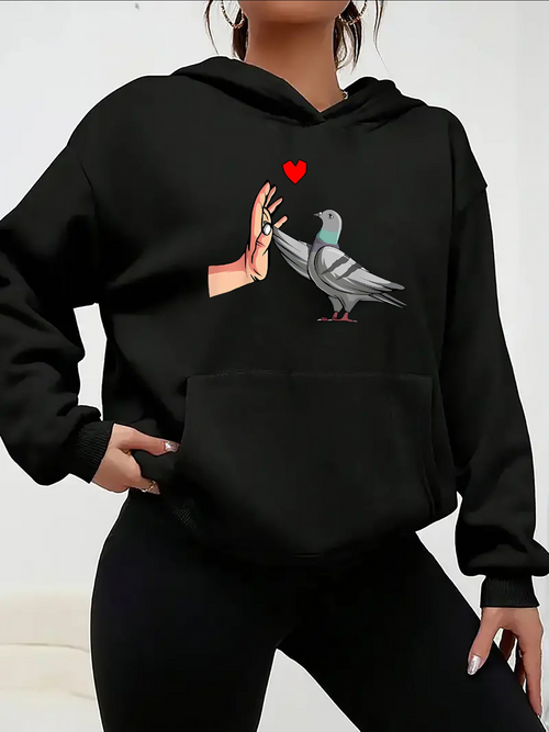 Women's Graphic Hoodie Red Heart Over Gentle Hand With Peaceful Pigeon Graphic