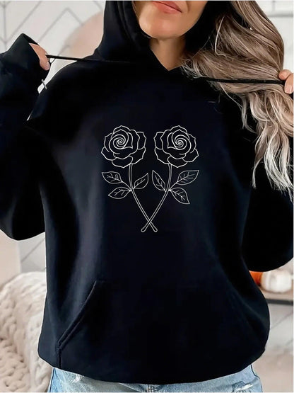 Women's Graphic Hoodie Minimalist Line Art Twin Roses With Elegant Overlapping Stems Surrounded By Delicate Leaves Rose