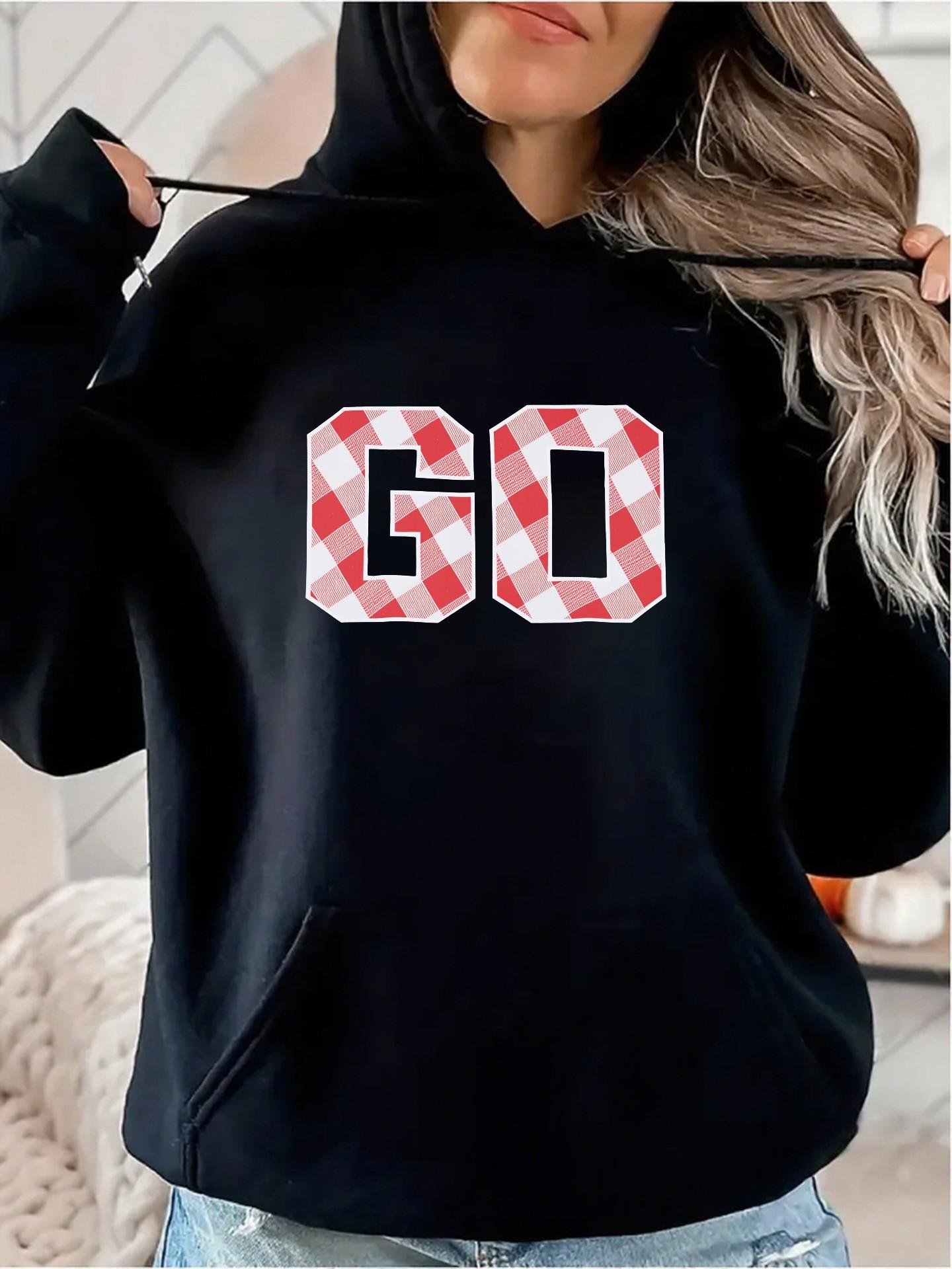 Women's Graphic Hoodie Plaid Red White Patterned Letters On Black Hoodie Go