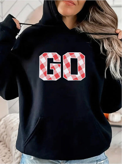 Women's Graphic Hoodie Plaid Red White Patterned Letters On Black Hoodie Go