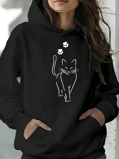 Women's Graphic Hoodie Minimalist Line Art With Playful Paw Prints Cat