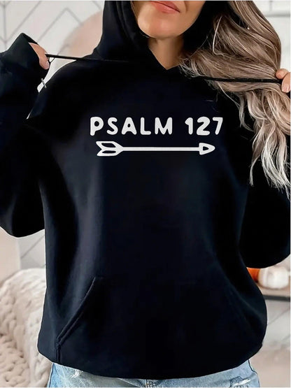 Women's Graphic Hoodie Psalm 127 With Minimalist Arrow Motif Simple Black Hoodie