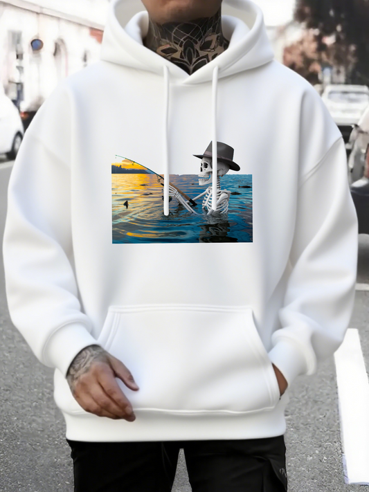 Men's Graphic Hoodie Golden Sunset Reflections With Calm Waters And Fishing Figure