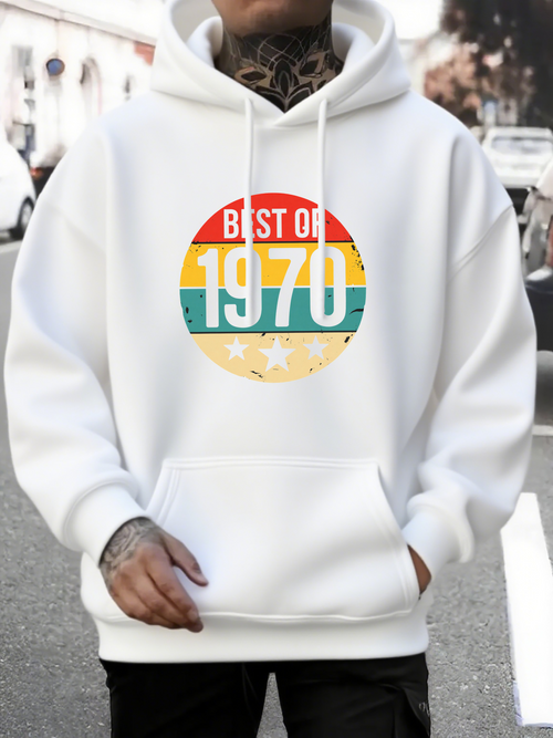 Men's Graphic Hoodie Best Of 1970 Retro Style With Grunge Texture Circle Emblem