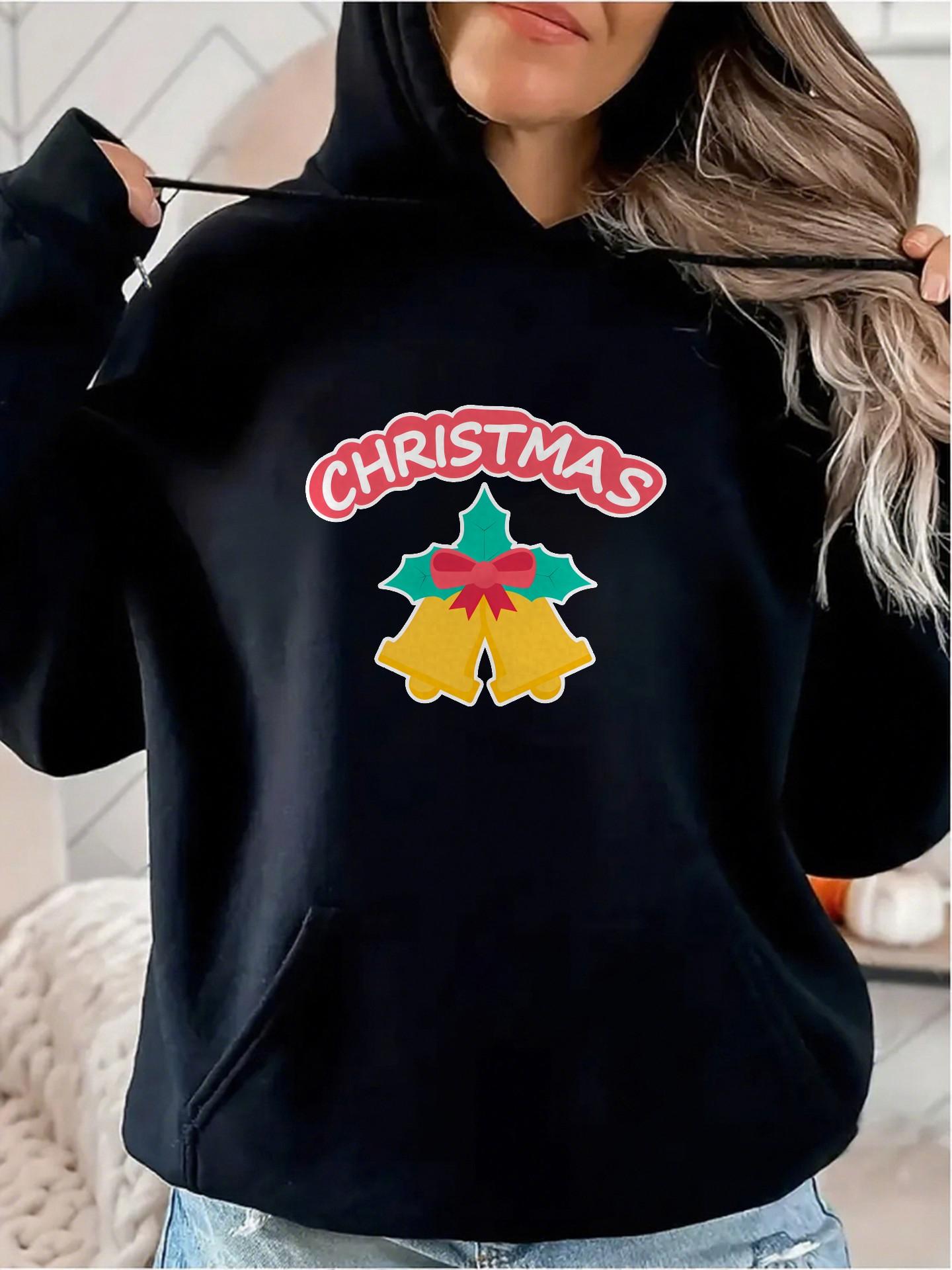 Women's Graphic Hoodie Christmas Festive Holly Leaves With Golden Yellow Bells