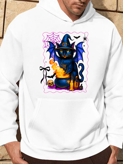 Men's Graphic Hoodie Magical Enchanted Cat With Witch Hat Surrounded By Potion Bottles And Bat Cat