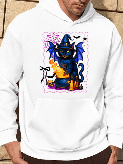 Men's Graphic Hoodie Magical Enchanted Cat With Witch Hat Surrounded By Potion Bottles And Bat Cat