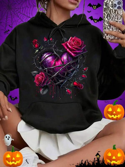 Women's Graphic Hoodie Gothic Roses With Violet Shimmer And Thorns Around Heart