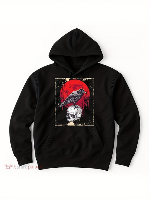 Men's Graphic Hoodie Dramatic Red Sun Behind Raven Perched On White Skull