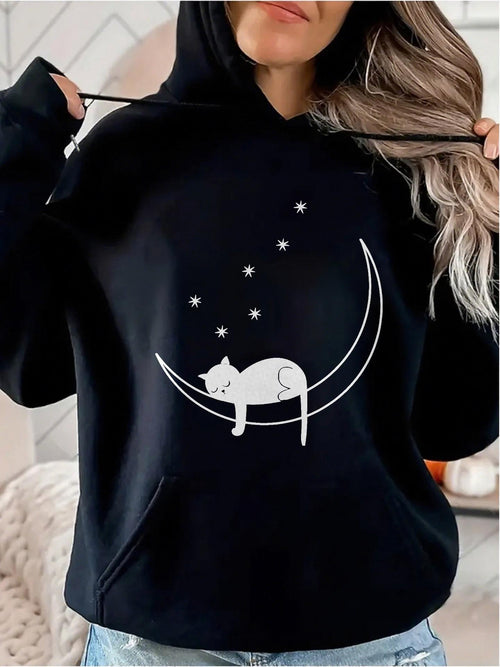 Women's Graphic Hoodie Sleeping Cat With Stars Resting On Crescent Moon