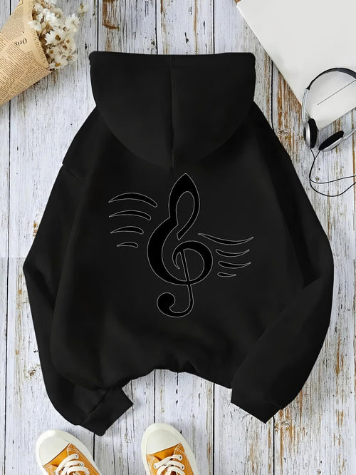Women's Graphic Hoodie Minimalist Music Staff Note Design On Black Hoodie
