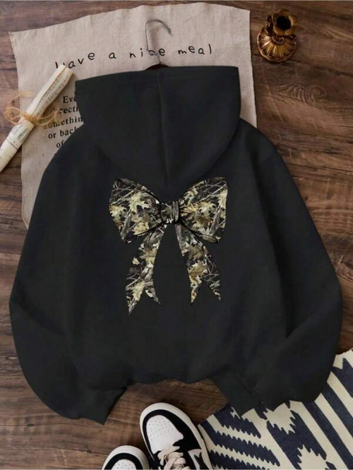 Women's Graphic Hoodie Abstract Golden Patterned Design Adorning Elegant Decorative Bow