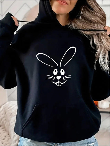 Women's Graphic Hoodie Cheerful Smiling Bunny With Playful Eyes On Black Hoodie Bunny