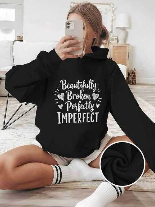 Women's Graphic Hoodie Beautifully Broken Perfectly Imperfect Surrounded By Playful Hearts On Hoodie