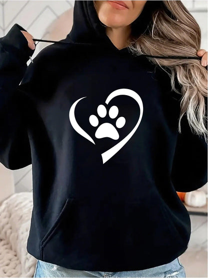 Women's Graphic Hoodie Outlined Heart Shape Embracing A Stylized Pet Paw Print