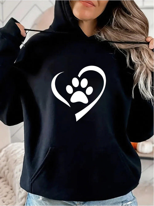 Women's Graphic Hoodie Outlined Heart Shape Embracing A Stylized Pet Paw Print