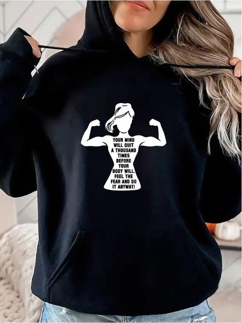 Women's Graphic Hoodie Strong Woman Silhouette With Inspired Motivational Quote And Flexed Arms