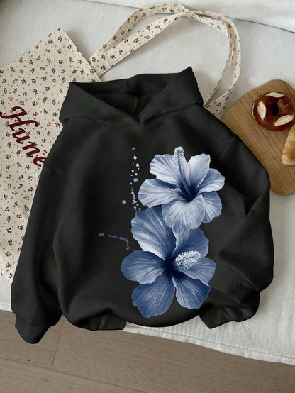 Women's Graphic Hoodie Blue Petals With Gentle Shading On Blooming Hibiscus Flower