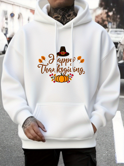 Men's Graphic Hoodie Happy Thanksgiving Autumn Leaves With Pumpkin And Pilgrim Hat