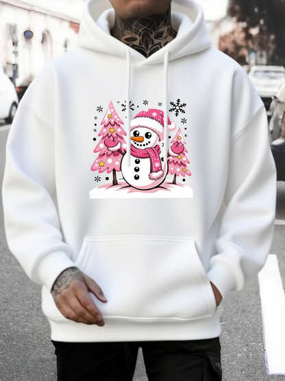 Men's Graphic Hoodie Cheerful Pink Trees Snow Sparkling Winter Joyful Snowman