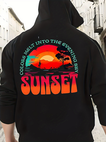 Men's Graphic Hoodie Colors Melt Into The Evening Sky Sunset Glow With Palm Trees Beach And Vibrant Setting Sun