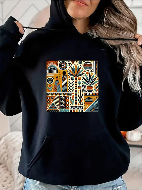 Women's Graphic Hoodie Tribal Geometric Patterns With Abstract Shapes Among Vibrant Earthy Colors Design