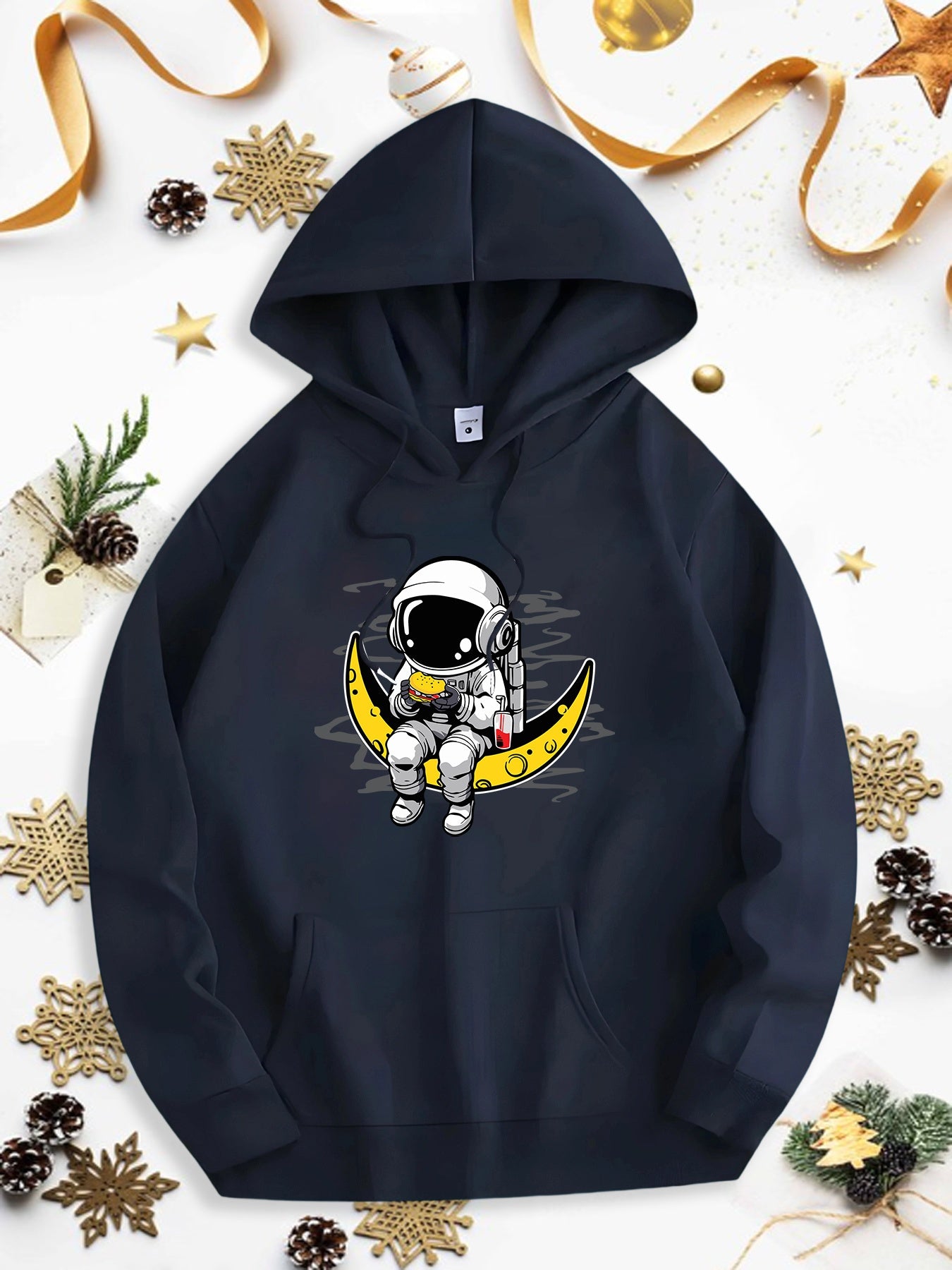 Men's Graphic Hoodie Whimsical Astronaut Sitting On Crescent Moon Under Dreamy Starlit Sky