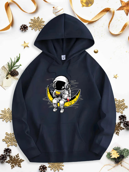 Men's Graphic Hoodie Whimsical Astronaut Sitting On Crescent Moon Under Dreamy Starlit Sky