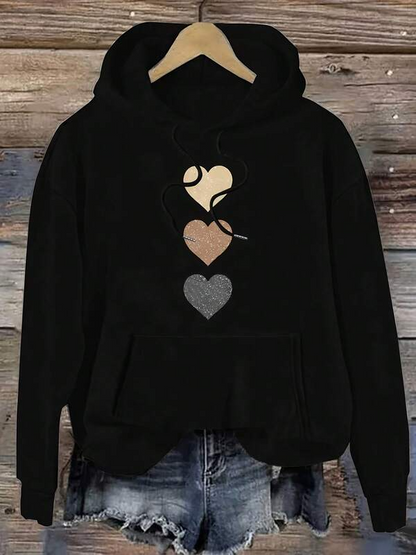 Women's Graphic Hoodie Three Layered Textured Hearts Centered On Black Hoodie Heart