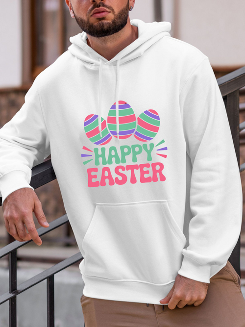 Men's Graphic Hoodie Happy Easter Colorful Striped Eggs With Festive Letters On White Hoodie