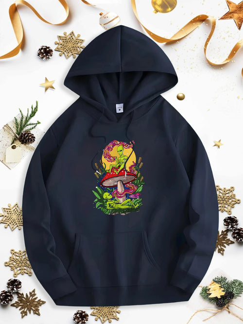 Men's Graphic Hoodie Whimsical Garden With Enchanted Mushrooms Butterflies And Lush Greenery Mushroom
