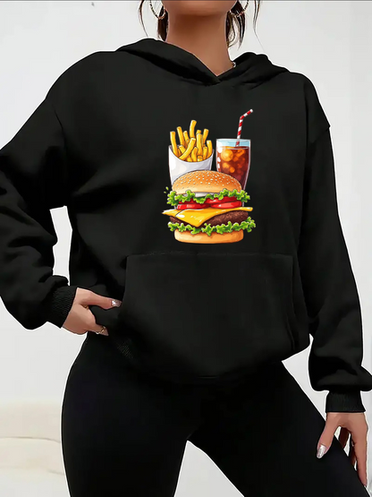 Women's Graphic Hoodie Crispy French Fries With Fresh Burger And Iced Soda Drink
