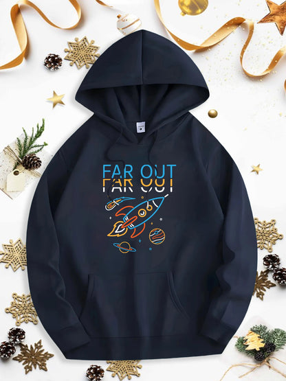 Men's Graphic Hoodie Far Out With Shooting Stars Planets And Cartoon Rocket Spaceship