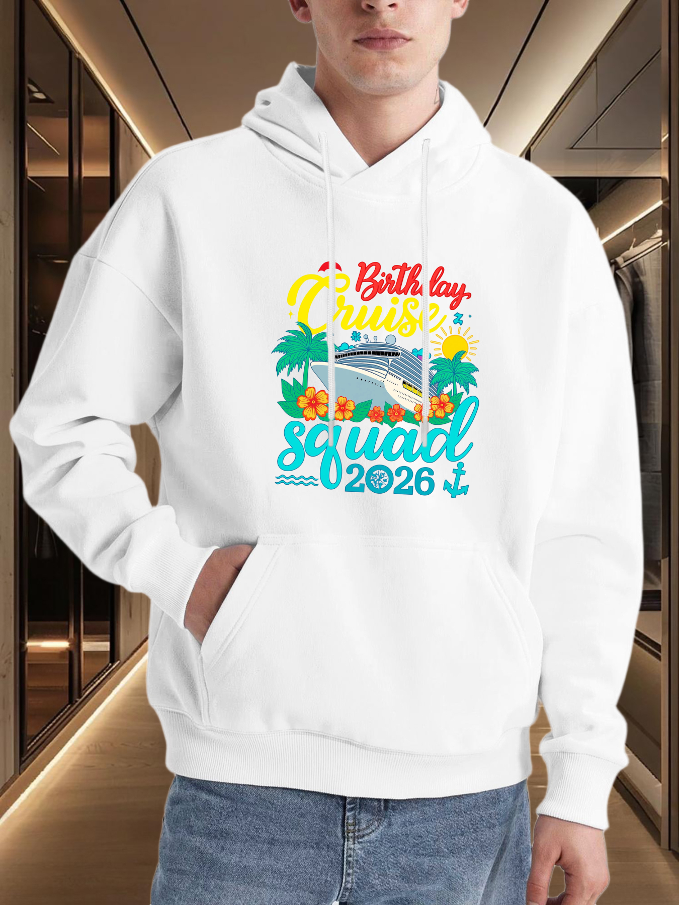 Men's Graphic Hoodie Birthday Cruise Squad 2026 Palm Trees With Sunset Ocean And Ship