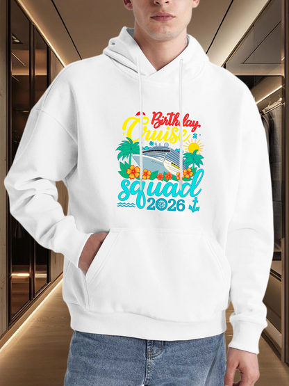 Men's Graphic Hoodie Birthday Cruise Squad 2026 Palm Trees With Sunset Ocean And Ship