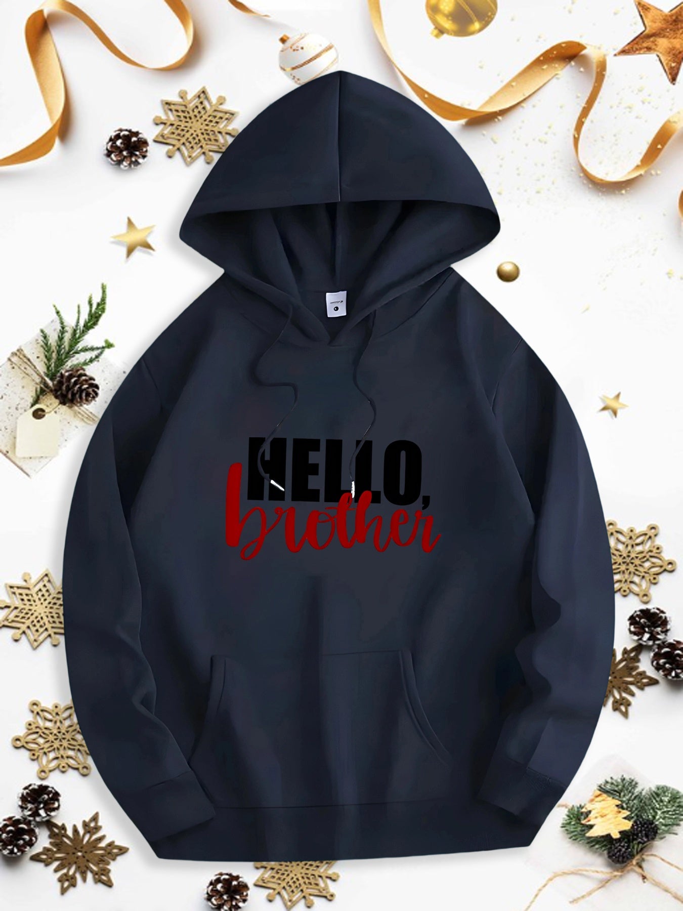 Men's Graphic Hoodie Hello Brother Black Bold Lettering Over Soft Cotton Hoodie