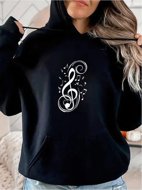 Women's Graphic Hoodie Whimsical Swirling Musical Notes Floating Among Elegant Staff Treble Clef
