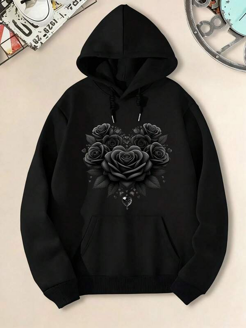 Women's Graphic Hoodie Shadowed Garden Blooms Delicate Petals With Dewy Leaves Centered Majestic Rose
