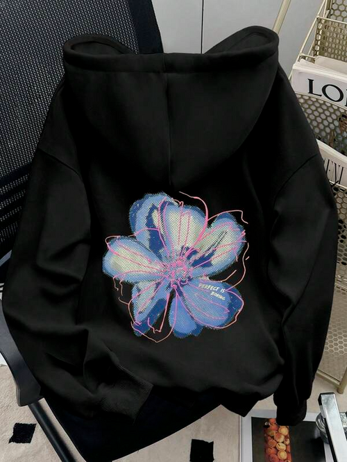 Women's Graphic Hoodie Vibrant Ink Blue Petals With Dreamy Hues Blooming Abstract Flower