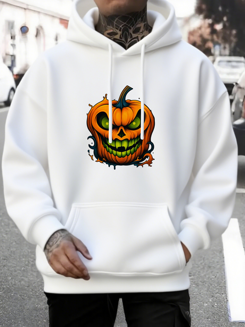 Men's Graphic Hoodie Glowing Neon Green Eyes With Creepy Halloween Smiling Pumpkin