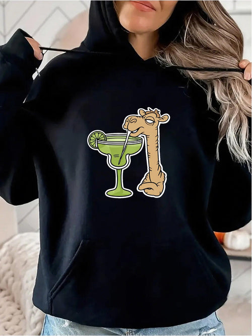 Women's Graphic Hoodie Playful Camel With Margarita Glass Surrounded By Green Citrus Drink